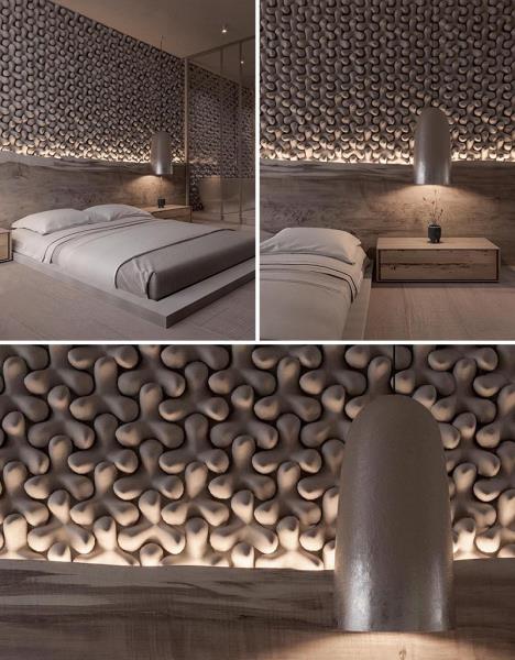 Уникальная акцентная стена спальни из трехмерной плитки.