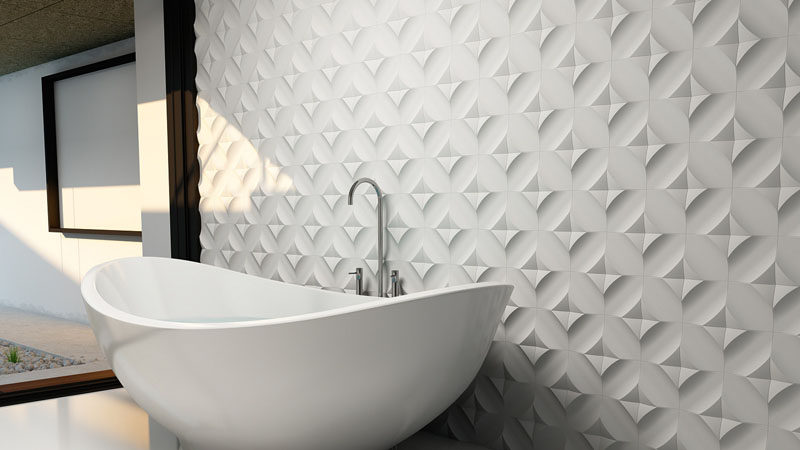 Идеи плитки для ванной - установите 3D-плитку, чтобы добавить текстуры в вашу ванную комнату // Уникально расположенная плитка за этой ванной создает стену, полную текстуры и формы.