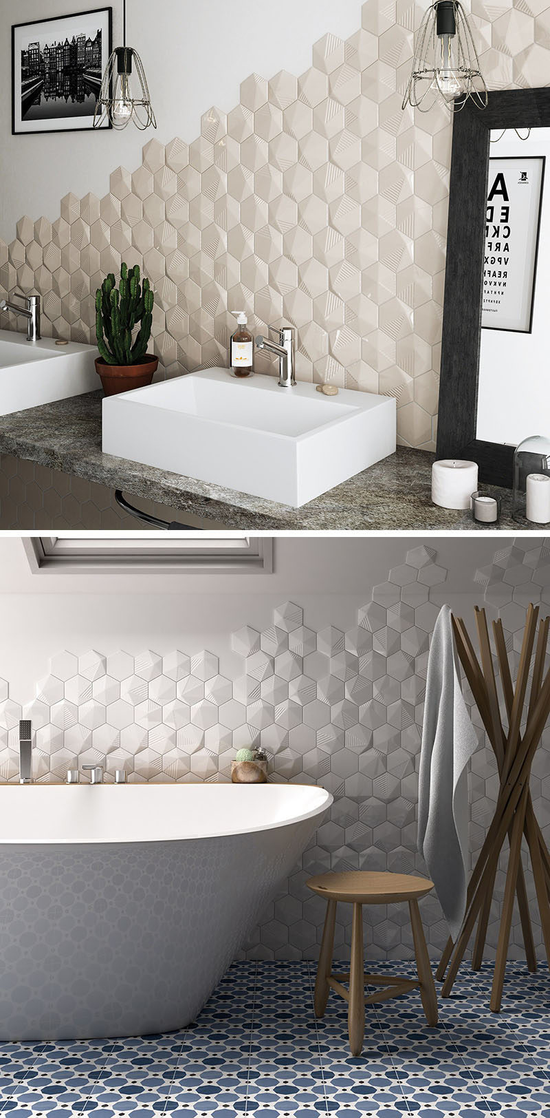 Идеи плитки для ванной комнаты - установите 3D-плитку, чтобы добавить текстуру в вашу ванную комнату // Шестиугольная плитка с добавлением текстуры, расположенная только на части стен, позволяет вам добавить глубины вашим стенам стильным способом, который не кажется подавляющим .