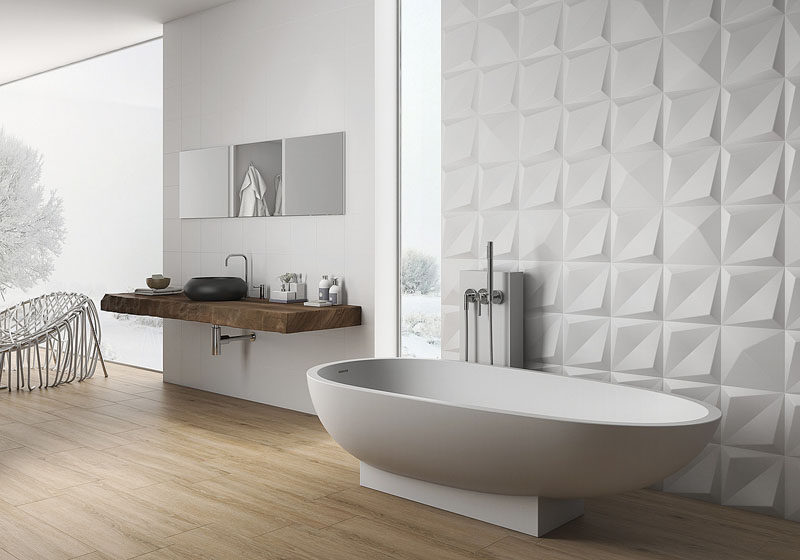Идеи плитки для ванной комнаты - установите 3D-плитку, чтобы добавить текстуры в вашу ванную комнату // Большие трехмерные плитки на стене сразу за ванной добавляют нужное количество текстуры в ванную комнату и придают ей роскошный вид.