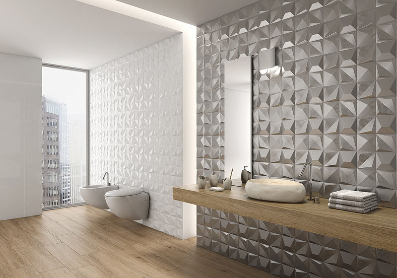 Идеи плитки для ванной комнаты - установите 3D-плитку, чтобы добавить текстуру в вашу ванную комнату // Металлическая плитка на одной из этих стен в ванной комнате придает ванной комнате гламурный вид, в то время как белые 3D-плитки добавляют более тонкую текстуру стенам.