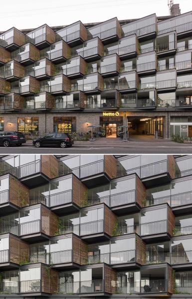 Новый фасад создает получастные балконы и зеленые насаждения.