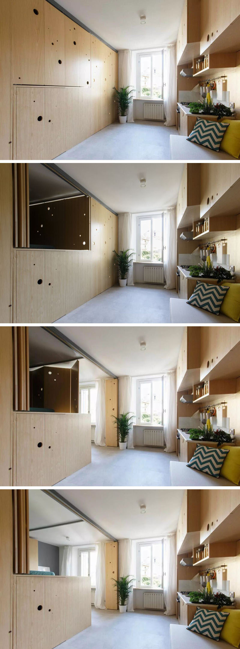 Эта крошечная квартира имеет стену, которая открывается открывая спальню и столовую 