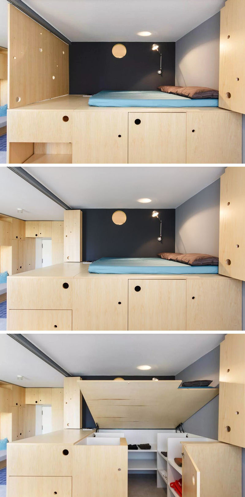 Эта кровать-чердак позволяет добавить в квартиру дополнительное место для хранения вещей, но с таким дизайном они приподнять ее, чтобы открыть шкаф под ней 