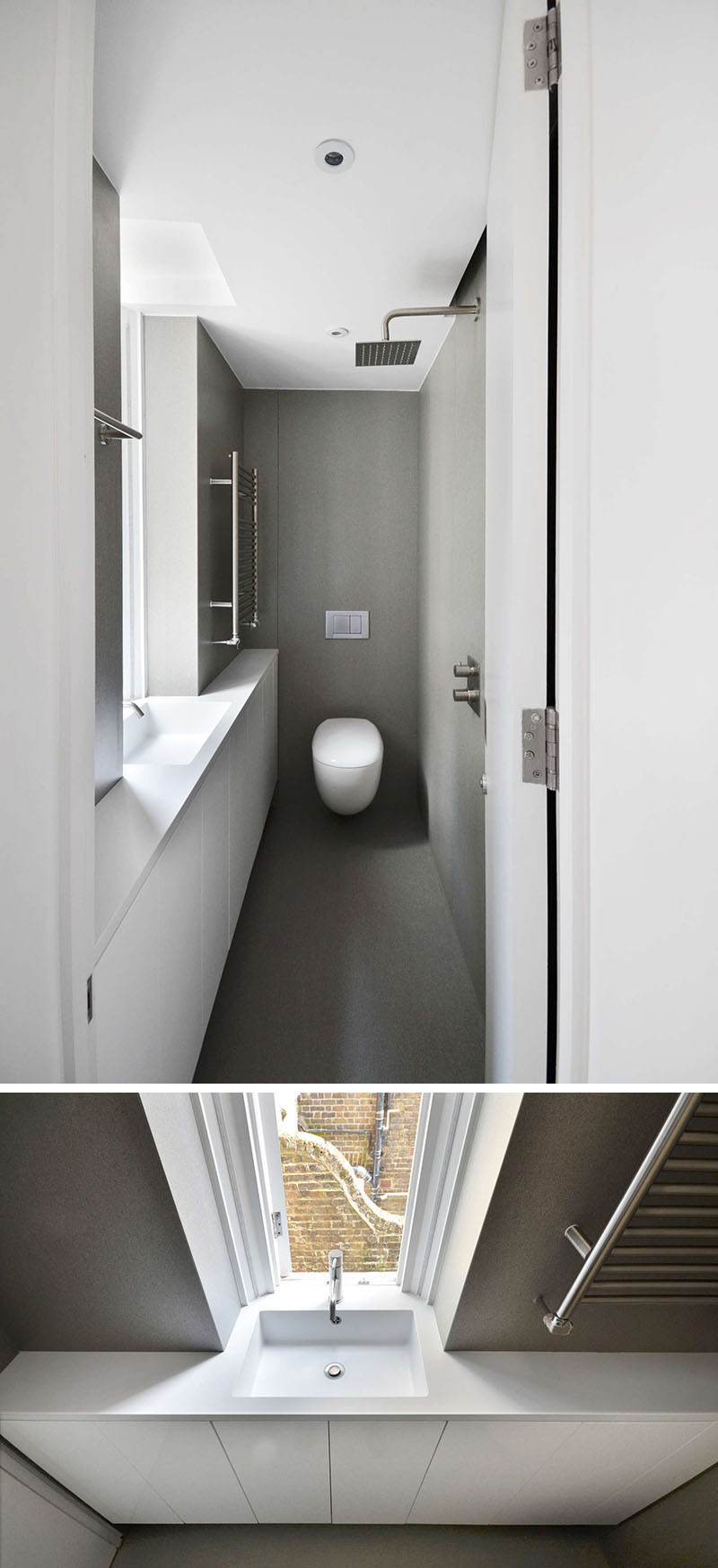 Ванная комната в этой лондонской квартире маленькая и очень длинная, поэтому им расположить душевую лейку напротив туалетного столика и раковины 