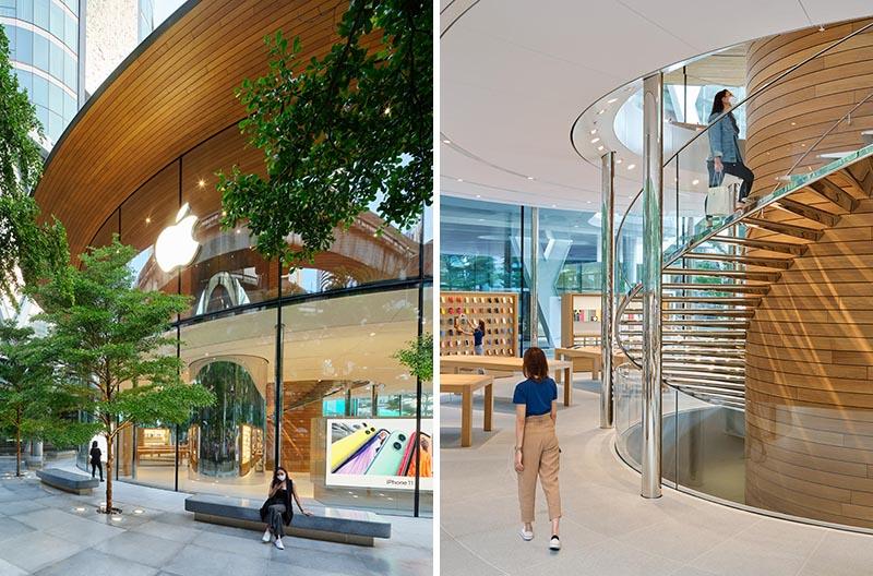 Apple Central World в Бангкоке имеет изогнутый стеклянный фасад и большую деревянную крышу с навесом.