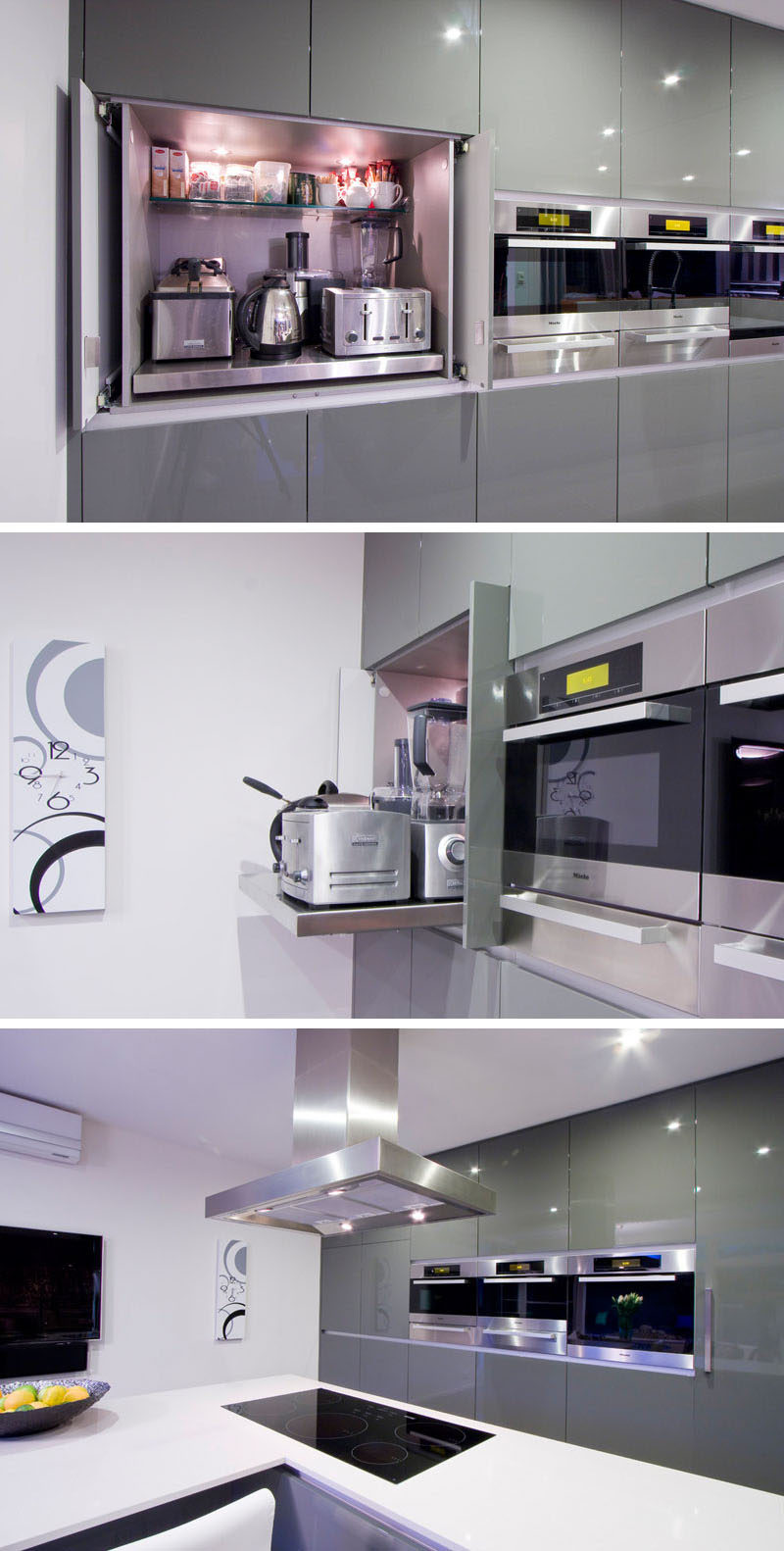 Идея дизайна кухни - храните свою кухонную технику в специальном гараже для бытовой техники // Основная полка в этом гараже для бытовой техники выдвигается, чтобы облегчить доступ к бытовой технике, хранящейся сзади. #ApplianceGarage #KitchenIdeas #KitchenDesign