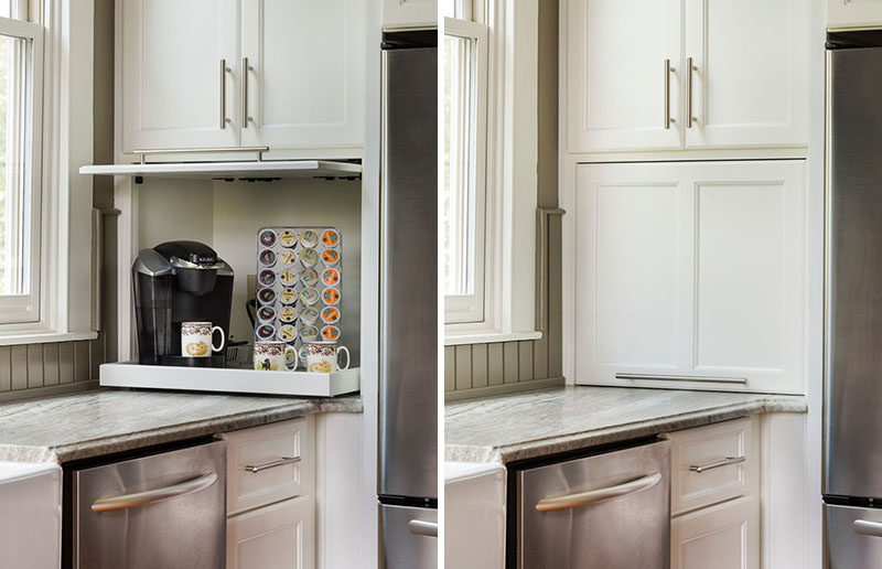 Идея дизайна кухни - храните кухонную технику в специальном гараже // Дверь этого гаража открывается и складывается в шкаф, чтобы не мешать, в то время как внутренняя полка выдвигается, чтобы сделать кофеварку более доступной. #ApplianceGarage #KitchenIdeas #KitchenDesign