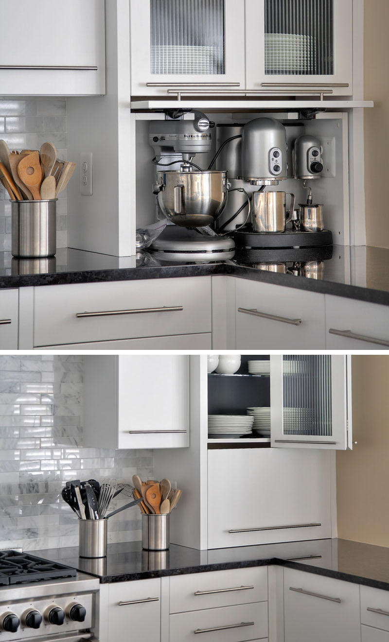 Идея дизайна кухни - храните кухонную технику в специальном гараже для бытовой техники. #ApplianceGarage #KitchenIdeas #KitchenDesign