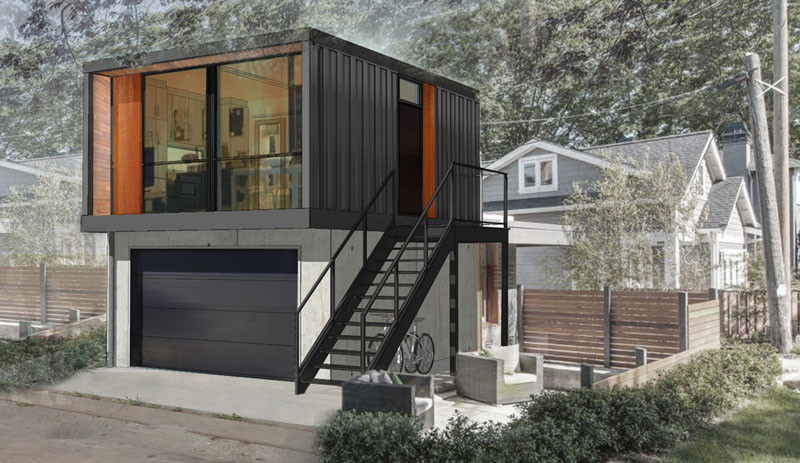 Канадская компания HonoMobo разработала новую коллекцию жилых домов из транспортных контейнеров, которые могут поместиться на крыше гаража.