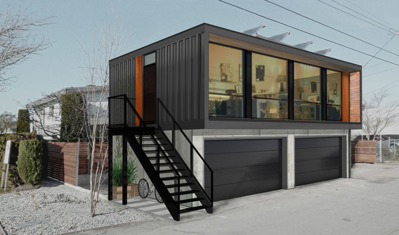 Канадская компания HonoMobo разработала новую коллекцию жилых домов из транспортных контейнеров, которые могут поместиться на крыше гаража.