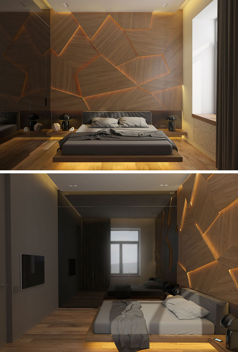 Archiplastica разработала концепцию спальни с уникальной акцентной стеной из геометрических деревянных панелей и скрытым светодиодным освещением.