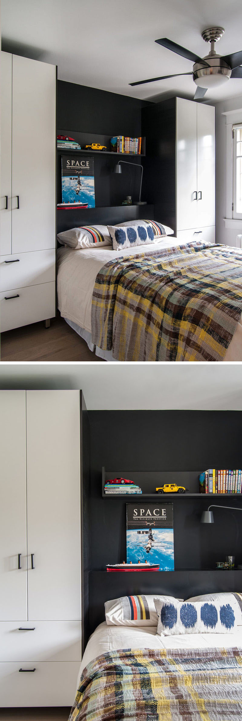 Идеи дизайна спальни - 8 способов создать идеальное окружение кровати с хранением // Определите зону для сна - используйте жирный цвет или другой материал, чем тот, который использовался в остальных шкафах, выделяет вашу кровать и кладет и добавляет цвет и текстуру в вашу комнату.
