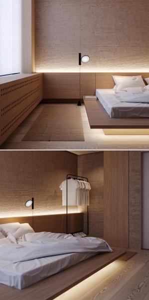 Современная спальня с деревянной мебелью и светодиодным освещением для создания теплой и успокаивающей атмосферы.