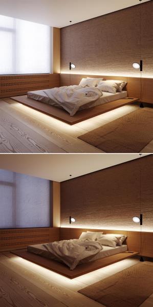 Современная спальня со светодиодным освещением, выделяющим изголовье кровати и придающим кровати вид парящей.