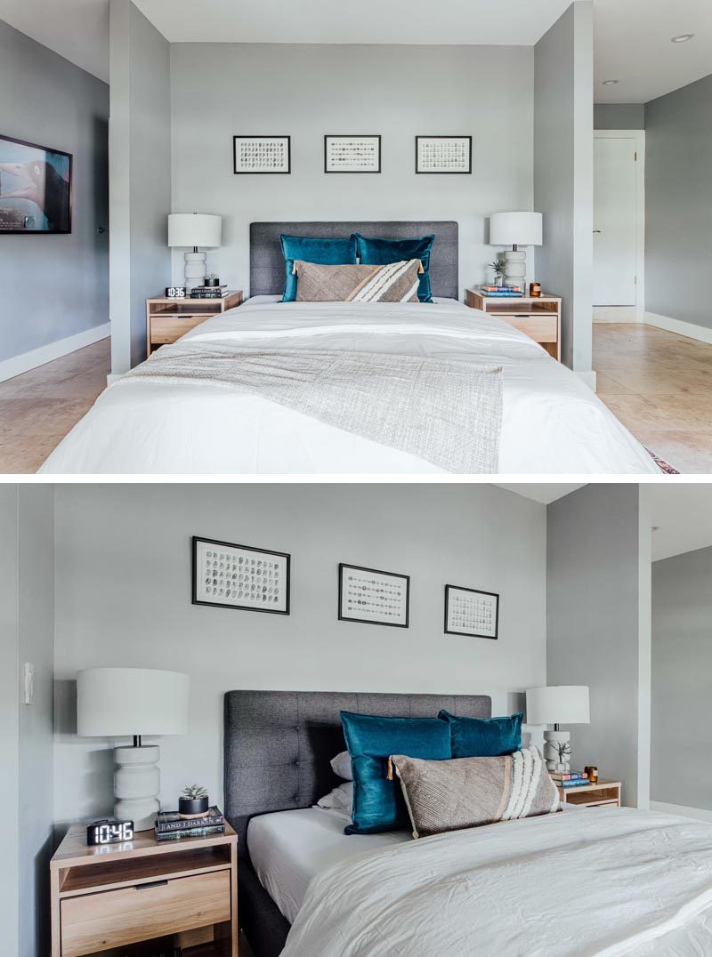 Современный номер с успокаивающими серыми стенами, украшенными простыми произведениями искусства. В алькове стоит большая односпальная кровать с двумя прикроватными тумбочками. #GuestRoom #GuestBedroom #InteriorDesign