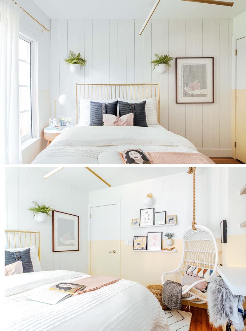 Эта современная спальня оформлена в цветовой палитре белых панелей и мягкого персика с цветочными горшками, металлическими акцентами и натуральными материалами. # СовременныеСпальня # Дизайн спальни # Дизайн спальни # Дизайн интерьера