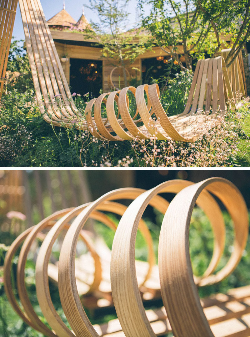 Том Раффилд спроектировал поразительный деревянный павильон со спиральной паровой скамьей для Цветочного шоу в Челси. #SteamBentWood # Деревообработка # Дизайн