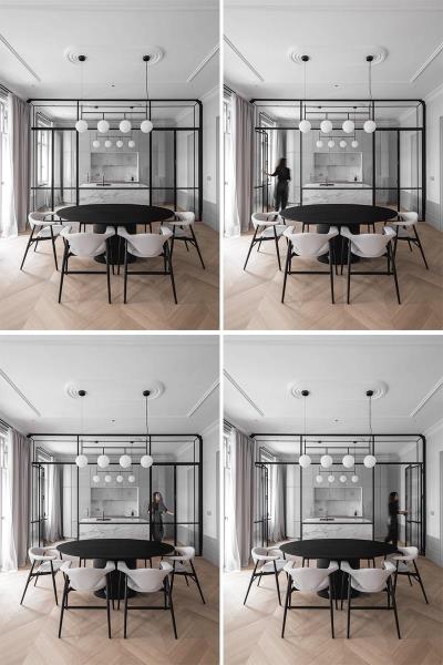 Эти обновленные апартаменты отличаются привлекательной стеклянной стеной в черной стальной раме, которая отделяет кухню от столовой. Также есть остров из серого мрамора, который дополняет серые кухонные шкафы. # МодернКухня # СтеклоСтена # ИнтерьерДизайн # Интерьеры # СтеклоПартиция