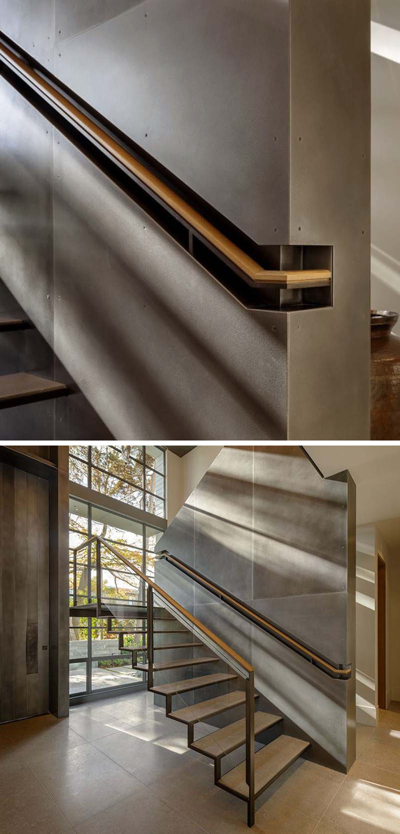 Идеи дизайна лестницы - 9 примеров встроенных перил // Эти деревянные и стальные перила встроены в секцию стены для придания более индустриального вида. #BuiltInHandrail #HandrailIdeas #HandrailDesign #StairDesign # Поручни