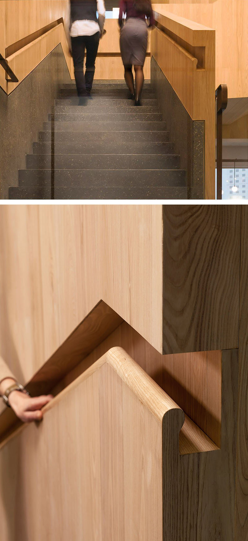 Идеи дизайна лестницы - 9 примеров встроенных перил // В этом офисе в Гонконге переход от латунных перил к встроенным деревянным перилам. #BuiltInHandrail #HandrailIdeas #HandrailDesign #StairDesign # Поручни