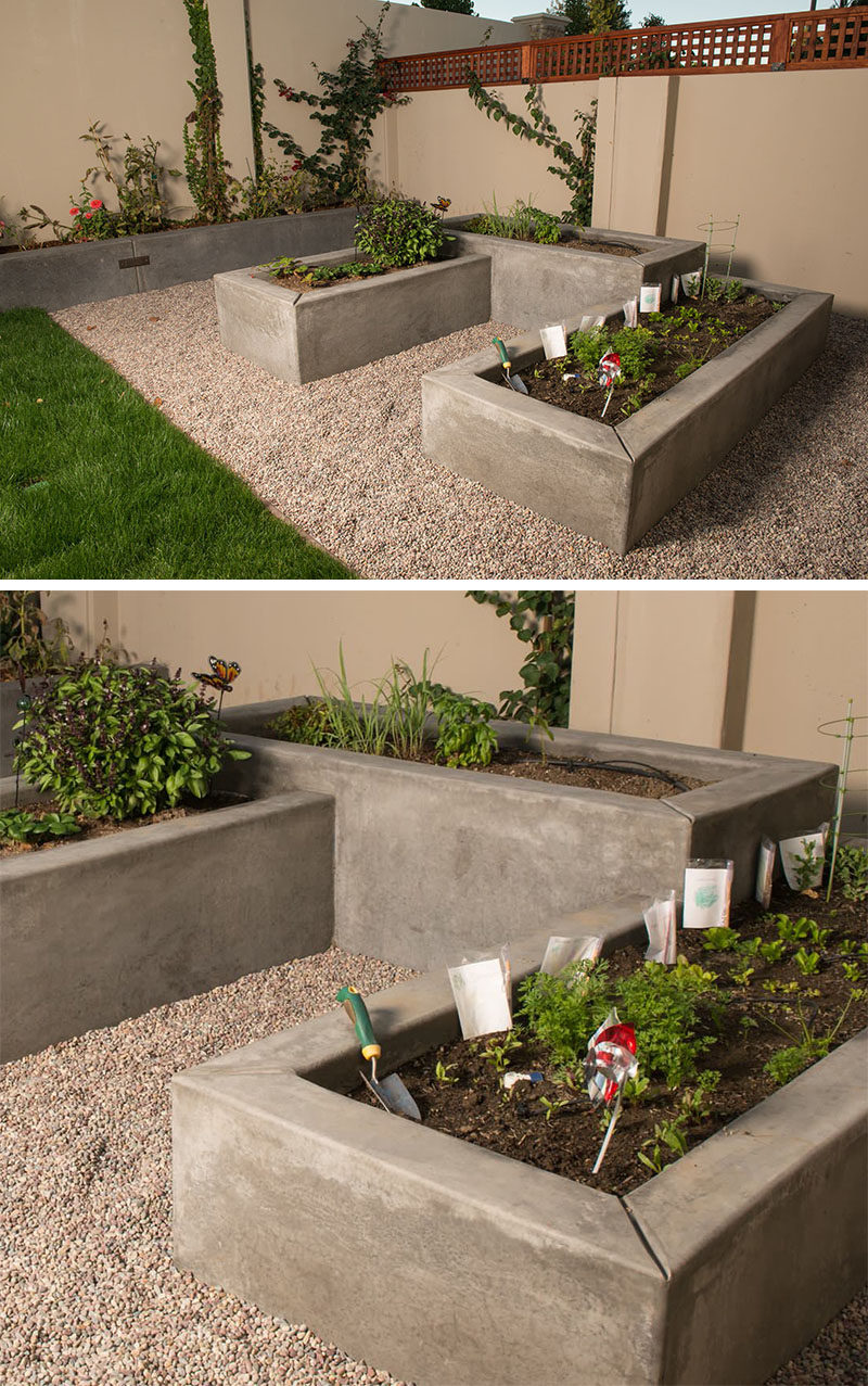 10 вдохновляющих идей для добавления в ваш двор нестандартных бетонных горшков // Изготовленные на заказ гладкие бетонные ящики для овощей были разработаны на разной высоте, чтобы добавить интерес к саду.