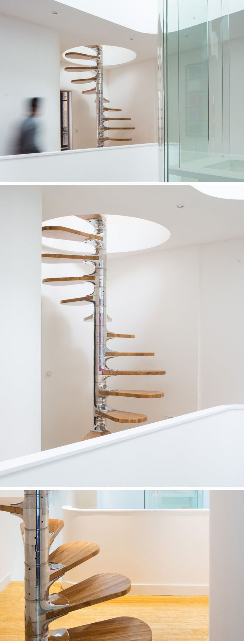 Эта небольшая современная винтовая лестница сделана из полированного металла с деревянными ступенями, обвивающими ее. Лестница ведет на верхний этаж через отверстие в потолке. # Спиральная лестница # Спиральная лестница # Современная спиральная лестница