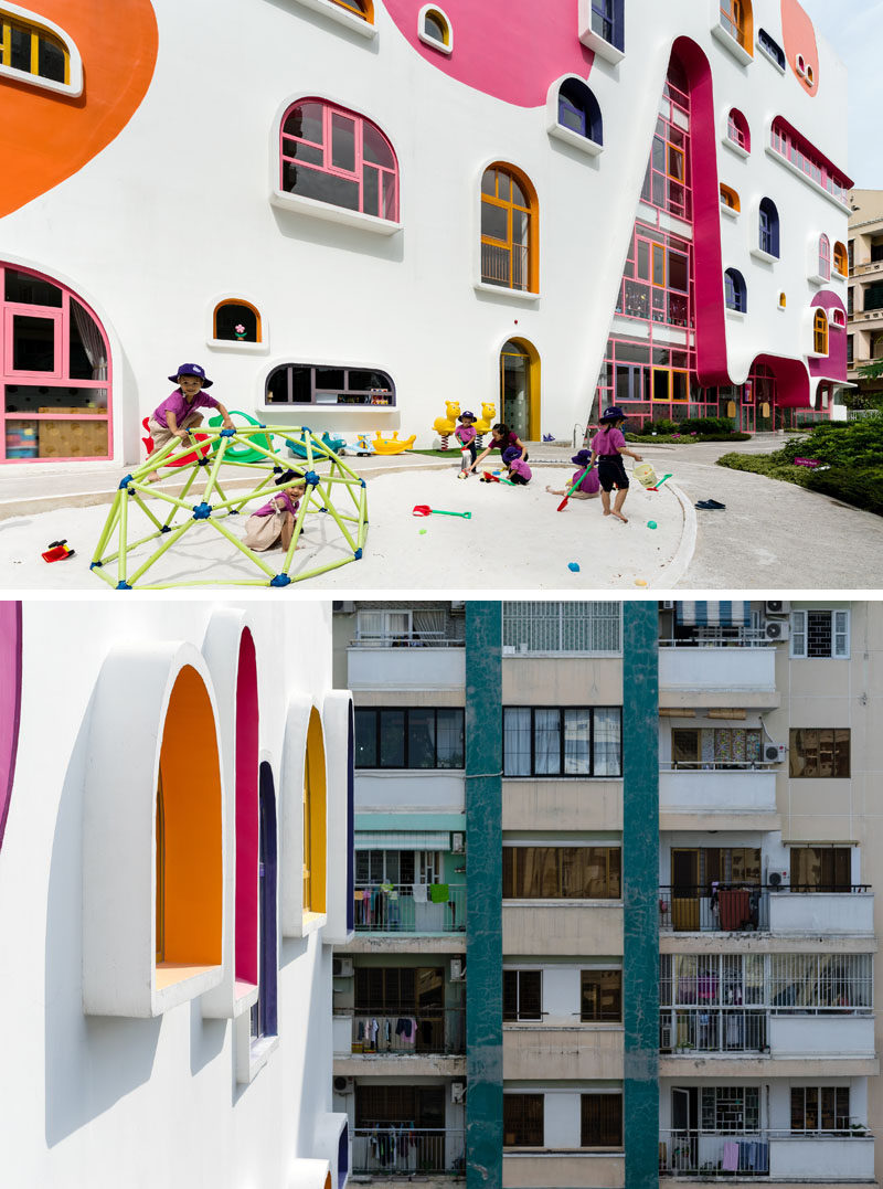 Идеи фасада - Белый фасад детского сада отличается яркими акцентами, которые дополняют красочные оконные рамы геометрической формы. #FacadeIdeas # Архитектура #UniqueWindowShapes