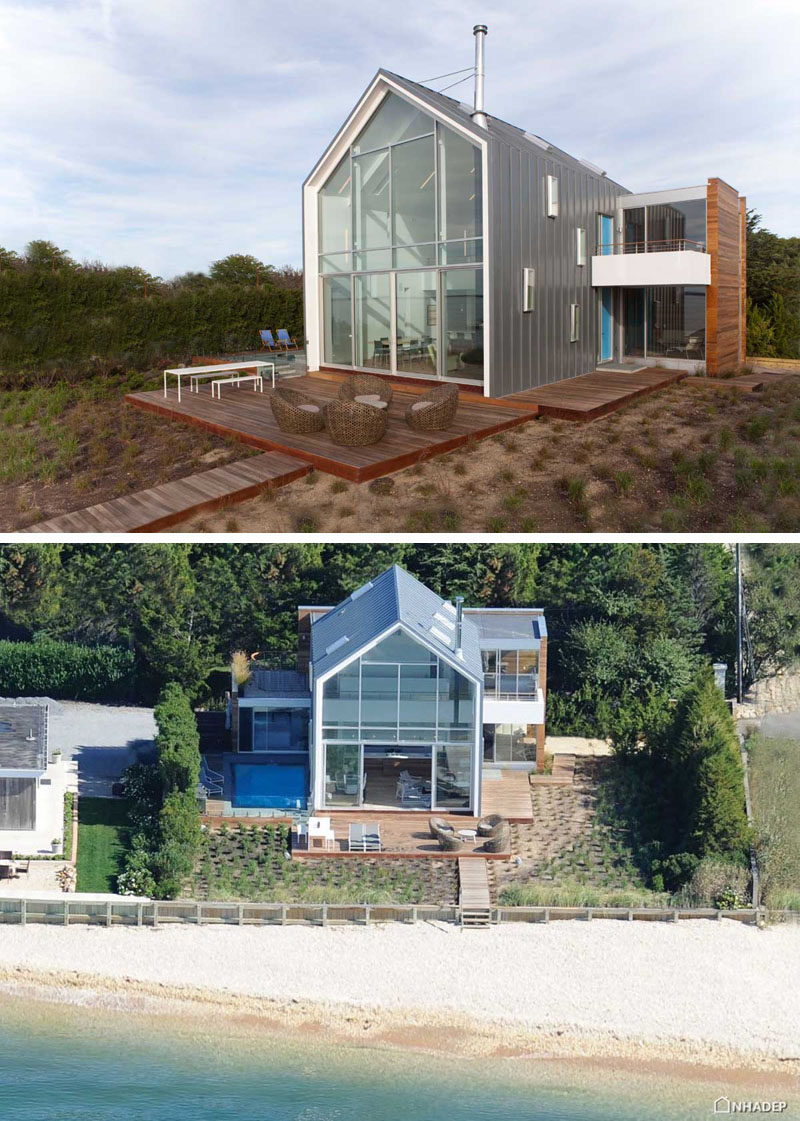 14 примеров современных пляжных домов // Вся задняя стена этого пляжного дома в Нью-Йорке сделана из стекла, чтобы открывать вид на океан и пропускать как можно больше естественного света.