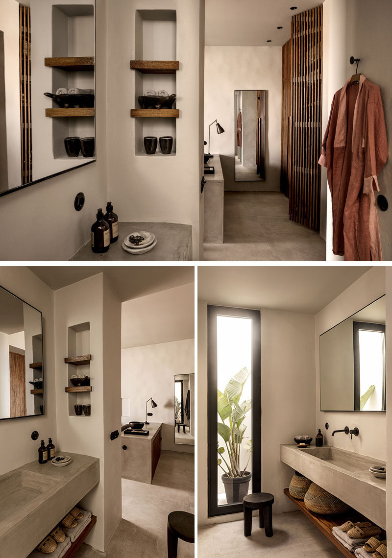 В этой современной ванной комнате отеля полки встроены в стену, а бетонный туалетный столик стоит над деревянной полкой. # Ванная # ИнтерьерДизайн # Современный
