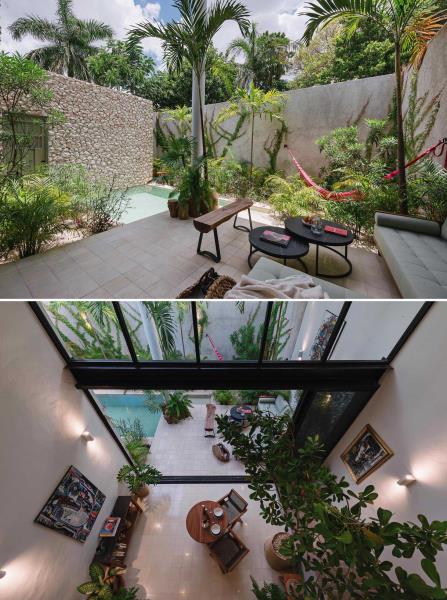 Гостиная на открытом воздухе с удобным диваном, гамаком в окружении тропических растений и небольшим бассейном.