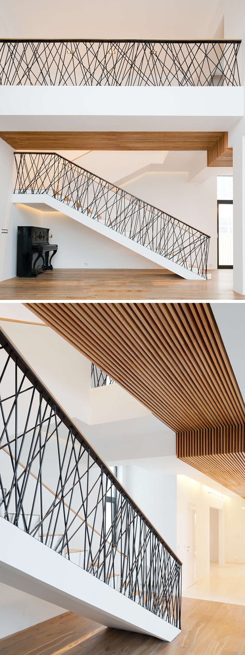 На перила этих лестниц размещены случайным образом расположенные стальные стержни, которые защищают и служат центром внимания в доме.