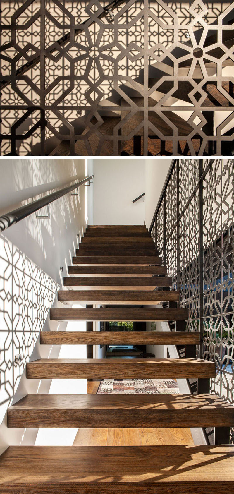 Художественный узор на перилах одной стороны этой лестницы не только создает уникальную деталь дизайна в доме, но и создает узор на противоположной стене, когда солнце светит через раздвижную стеклянную дверь.