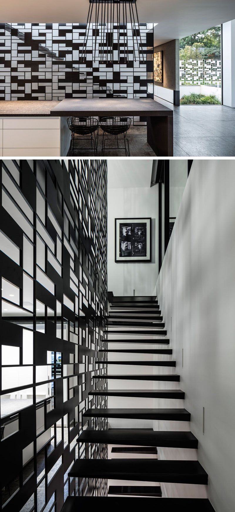 Защитные перила из черного металла, защищающие одну сторону лестницы, соответствуют дизайну белого забора, окружающего дом, создавая непрерывность во всем доме и повышая безопасность лестницы.