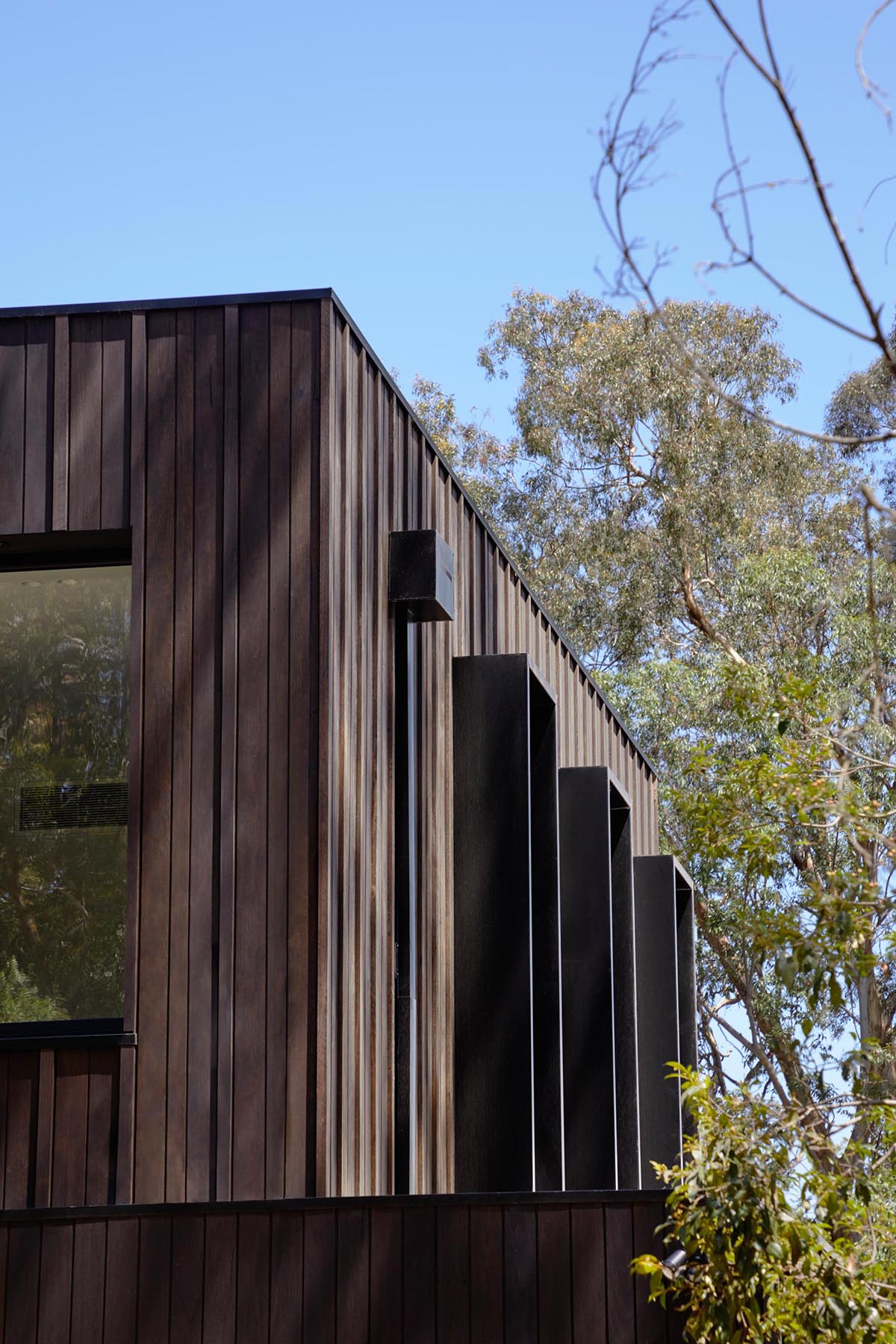 Внешний вид этого современного дома демонстрирует деревянную облицовку Blackbutt, подчеркнутую черными металлическими оконными рамами.