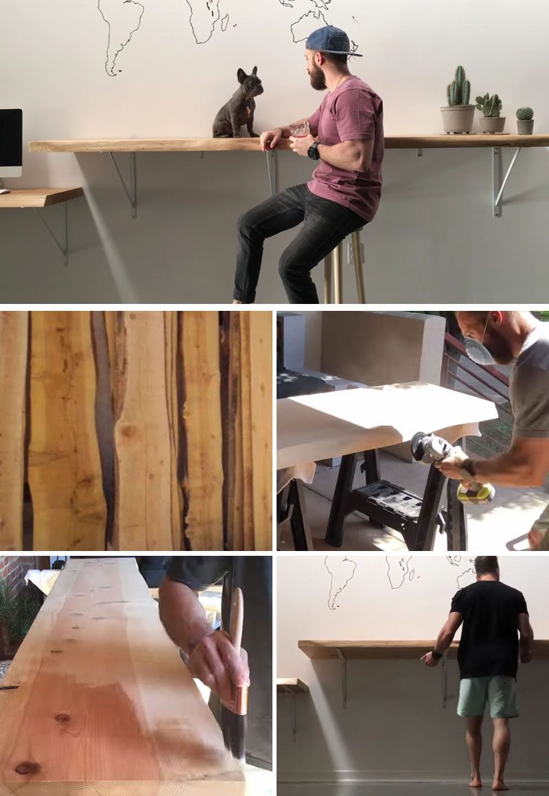 Идеи DIY - Создайте свой собственный современный стол и барную стойку с живым краем, используя деревянные плиты, наждачную бумагу, отделочные материалы, кронштейны для полок и несколько инструментов. #DIYProject #HomeOffice #LiveEdgeDesk #LiveEdge #LiveEdgeBar #HomeBar #WoodDesk