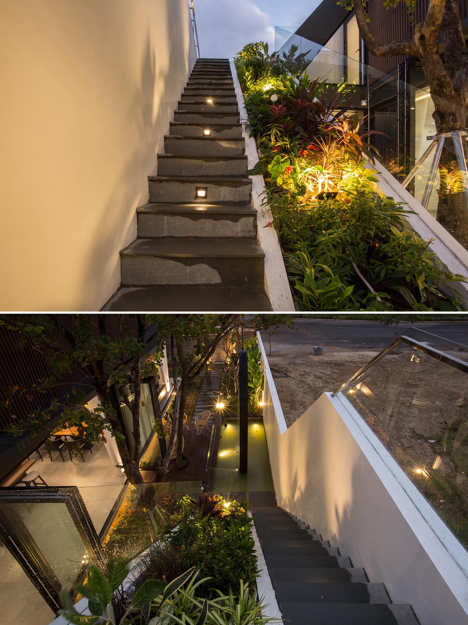 Современный дом с наружной лестницей, ведущей к наклонному участку с большим количеством растений и стеклянным перилам.