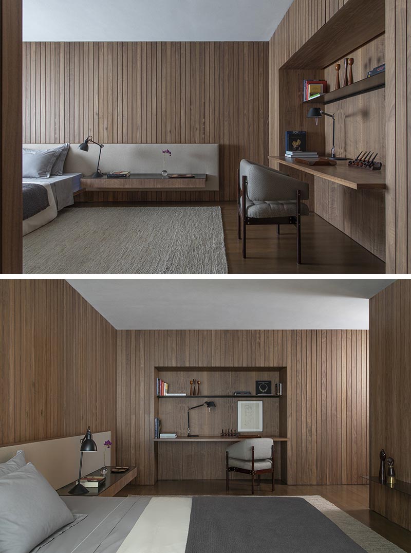 Идеи для спальни - очень широкое мягкое изголовье светлого цвета не только создает фон для кровати, но и обеспечивает определенное место для прикрепления плавающих прикроватных тумб, а скрытое освещение создает мягкое свечение. #ExtraWideHeadboard #ModernHadboard #BedroomDesign