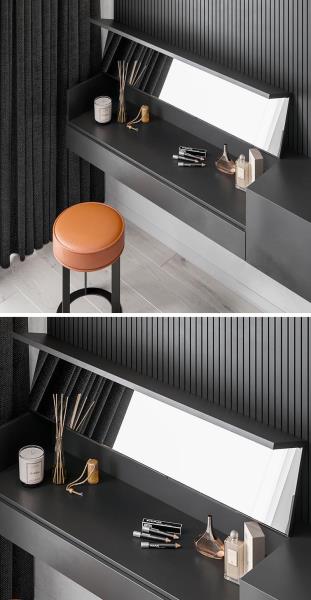 Мастерская Ирины Лысюк «Интерьер» спроектировала главную спальню с минималистским парящим буфетом черного цвета со скрытым туалетным столиком для макияжа. #HiddenMakeupVanity #MakeupVanity #BedroomDesign #FurnitureDesign