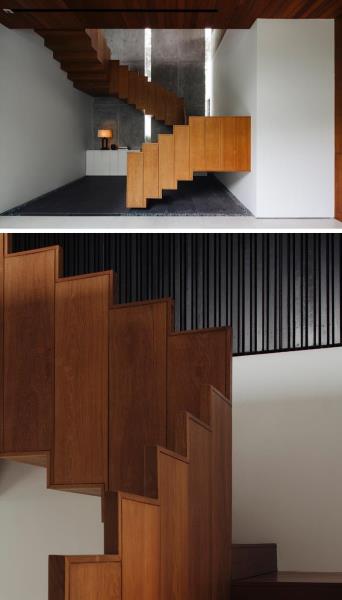 Компания Ming Architects спроектировала дом в Сингапуре, и одной из отличительных черт дома является плавающая деревянная лестница и ее перила. # Плавающая лестница # Деревянная лестница # Современная лестница # Деревянная ограда # Дизайн лестницы # Тиковая лестница