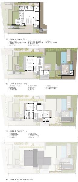 План современного многоэтажного дома с ухоженным двором.