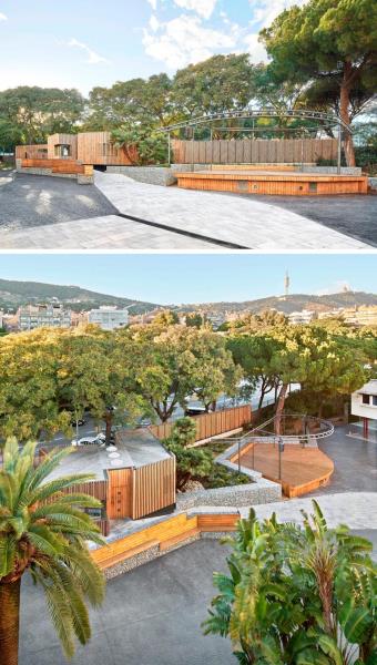 COMA Arquitectura спроектировала вход в школу в Барселоне с габионами в виде скамеек и подпорных стен. #Gabions #GabionBench #GabionRetainingWall # ОзеленениеИдеи # Ландшафтный дизайн