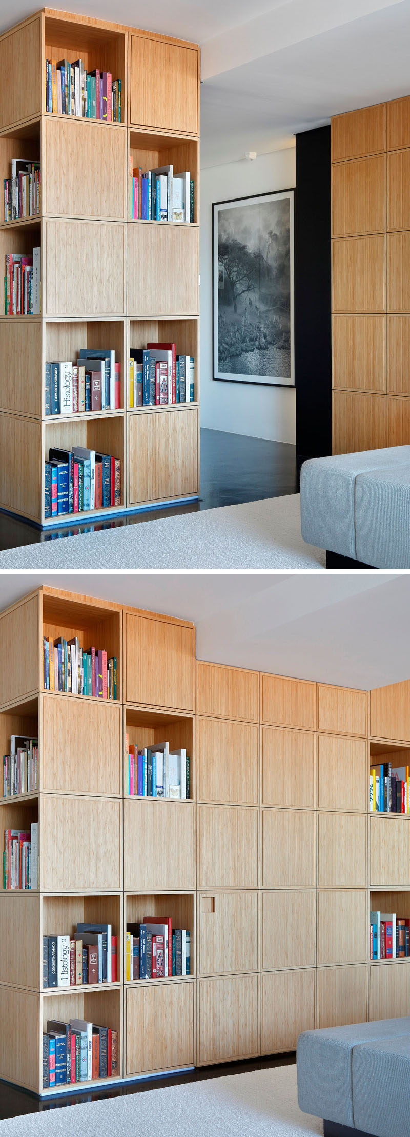 Прихожая в этой современной квартире скрыта за U-образным деревянным книжным шкафом и не видна, когда дверь закрывается и сливается с остальной частью книжного шкафа.