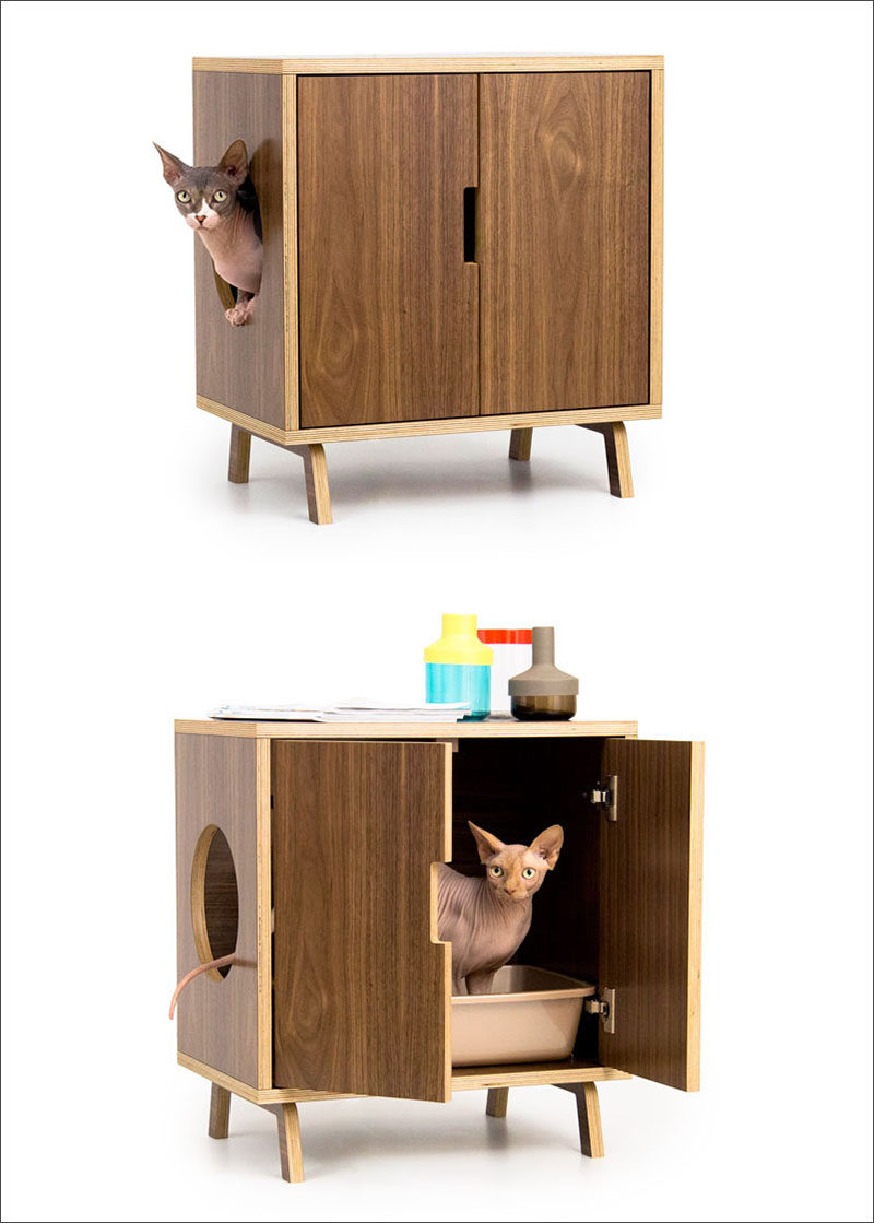 10 идей, как спрятать туалетный лоток для кошек // Не жертвуйте стилем ради лотка для кошек. Этот современный шкафчик впишется прямо в ваш дом и не будет выглядеть как грязный туалетный лоток.