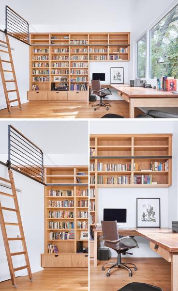 Современный домашний офис с большим деревянным столом, книжными полками и чердаком, спроектированным как гостевой люкс.
