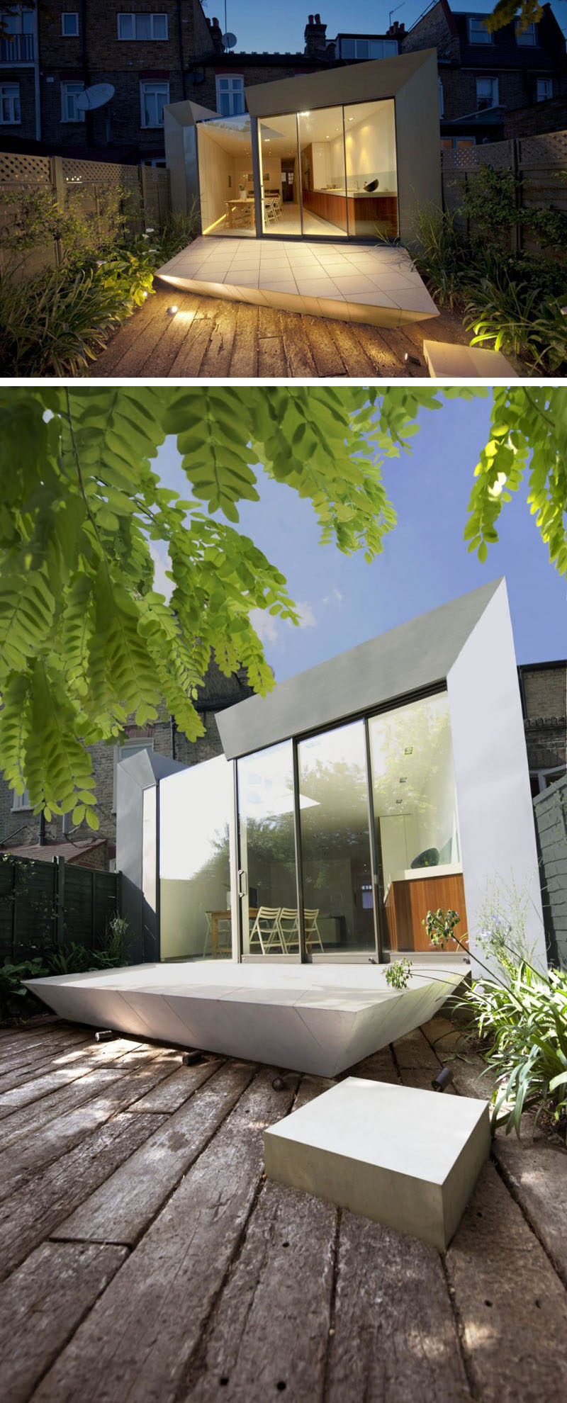 14 примеров британских домов с современными пристройками // Угловая пристройка к этому британскому дому придает дому геометрический штрих и позволяет использовать длинный задний двор.