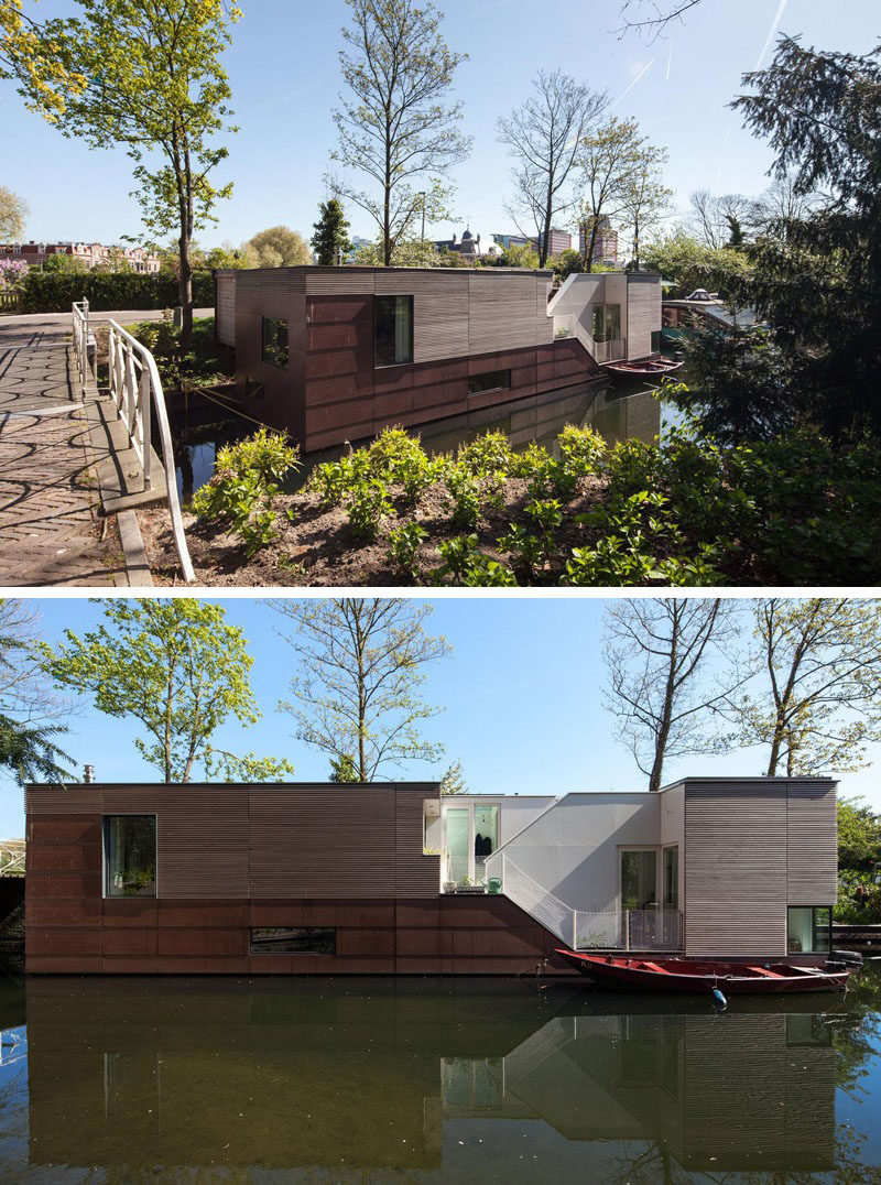 11 потрясающих примеров современных домашних лодок // Этот многоуровневый плавучий дом плывет по каналу в Нидерландах и обладает одновременно уединенностью и прекрасным видом на канал.