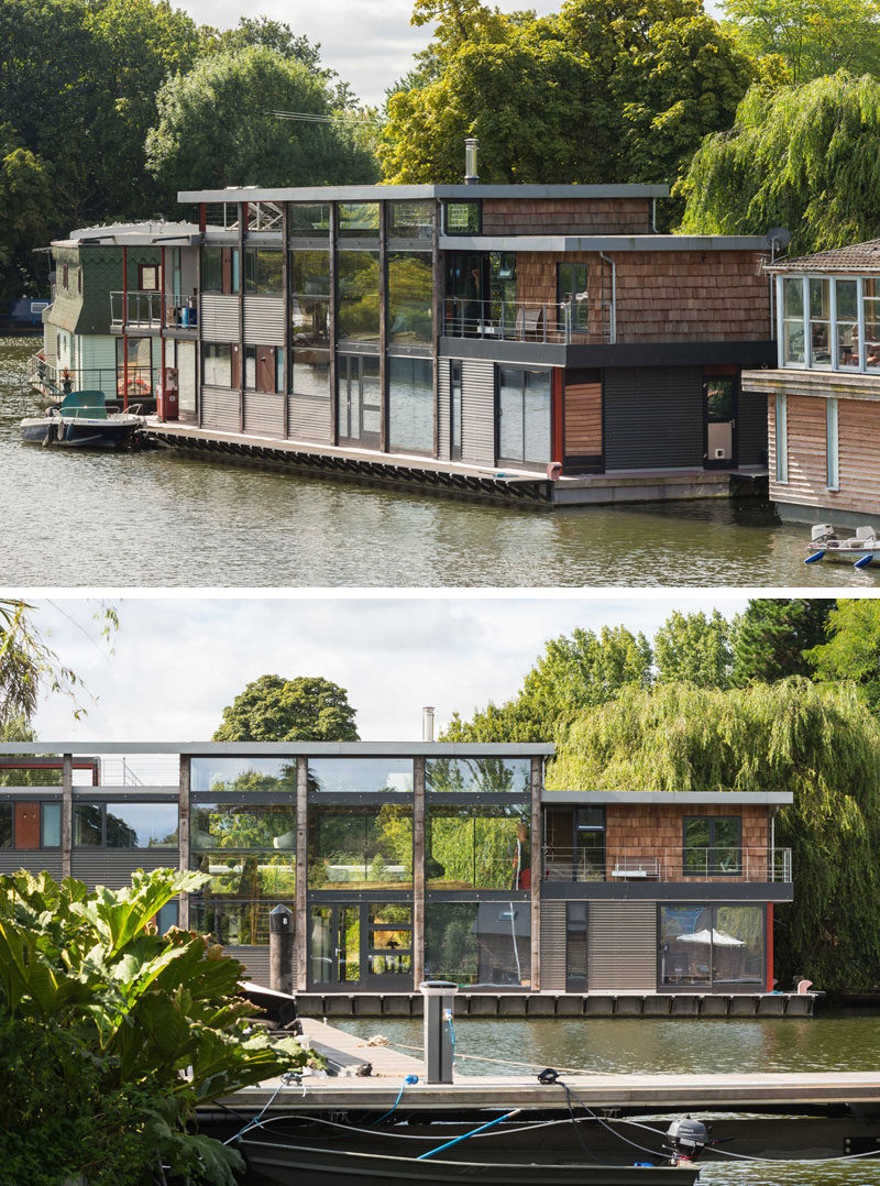 11 потрясающих примеров современных домашних лодок // Этот плавучий дом плывет по Темзе, но за ним есть сады, беседка и гараж.