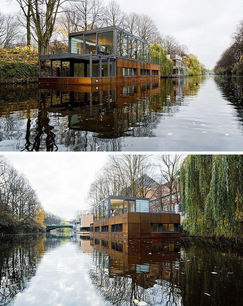 11 потрясающих примеров современных домашних лодок // Этот многоуровневый плавучий дом, плывущий между двумя мостами в Гамбурге, предлагает уединение от городской суеты с прекрасным видом на воду и окрестности.