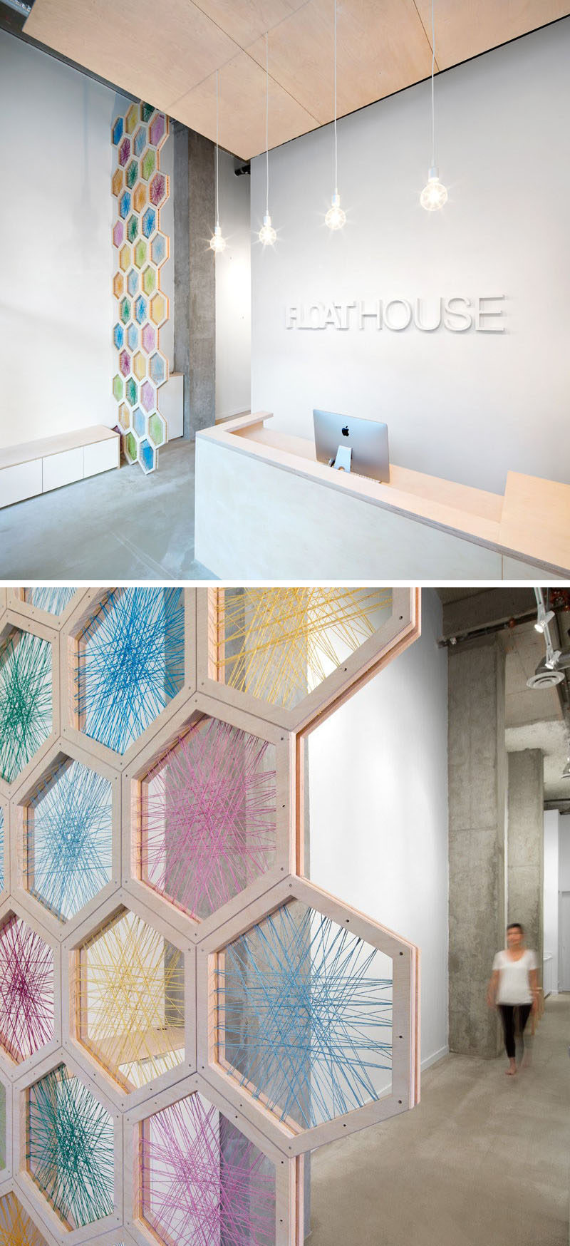 19 идей для использования шестиугольников в дизайне интерьеров и архитектуре // Экран высотой 17 футов, сделанный из шестиугольников березы, переплетенных разноцветным шпагатом, приветствует вас, когда вы входите в FloatHouse в Ванкувере.